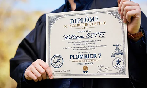 Certificat diplome de plomberie pour la société plombier 7 à Lyon