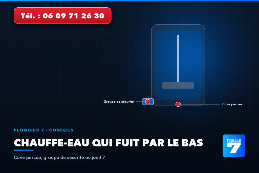 Chauffe-eau qui fuit par le bas — Cuve percée, groupe de sécurité ou joint ? | Plombier 7, plombier à Lyon 24h/24 et 7j/7