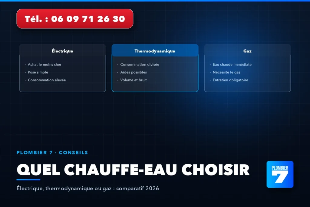 Quel chauffe-eau choisir — Électrique, thermodynamique ou gaz : comparatif 2026 | Plombier 7, plombier à Lyon 24h/24 et 7j/7