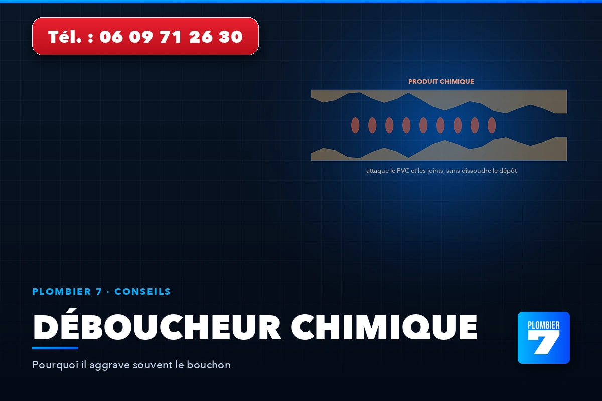 Déboucheur chimique — Pourquoi il aggrave souvent le bouchon | Plombier 7, plombier à Lyon 24h/24 et 7j/7
