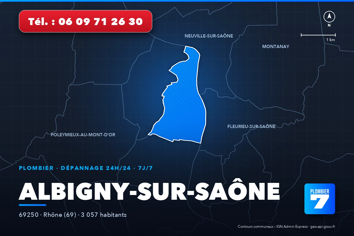 Plombier à Albigny-sur-Saône (69250) — zone d'intervention de Plombier 7, dépannage 24h/24 et 7j/7