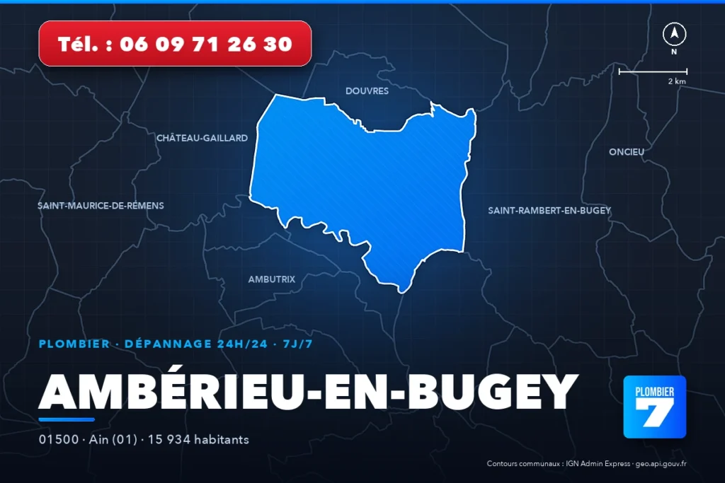 Plombier à Ambérieu-en-Bugey (01500) — zone d'intervention de Plombier 7, dépannage 24h/24 et 7j/7