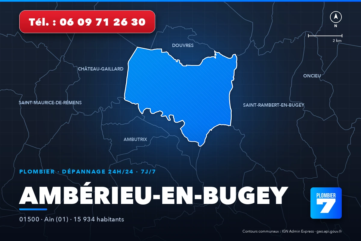 Plombier à Ambérieu-en-Bugey (01500) — zone d'intervention de Plombier 7, dépannage 24h/24 et 7j/7