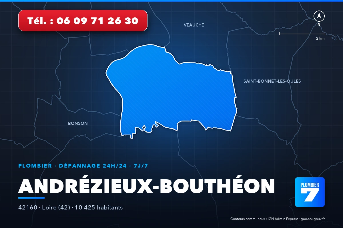 Plombier à Andrézieux-Bouthéon (42160) — zone d'intervention de Plombier 7, dépannage 24h/24 et 7j/7