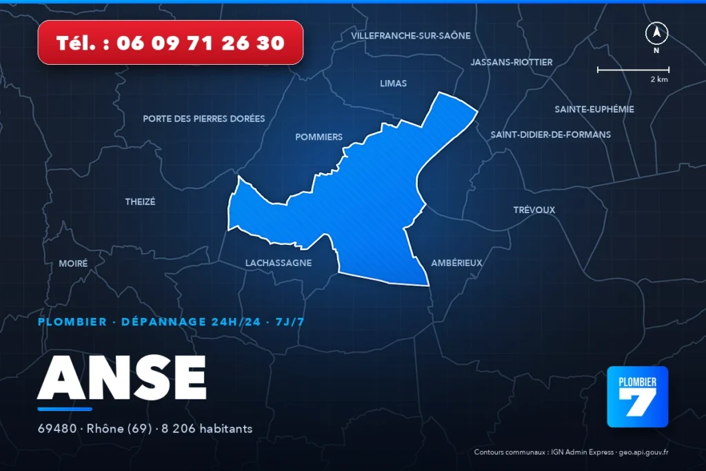 Plombier à Anse (69480) — zone d'intervention de Plombier 7, dépannage 24h/24 et 7j/7