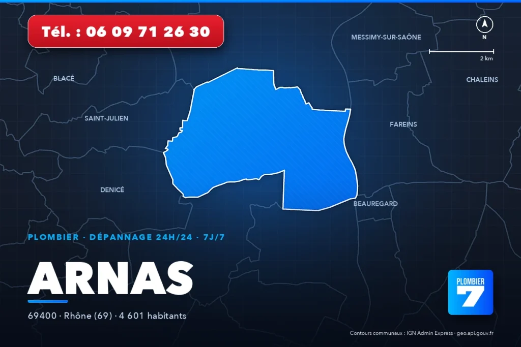 Plombier à Arnas (69400) — zone d'intervention de Plombier 7, dépannage 24h/24 et 7j/7