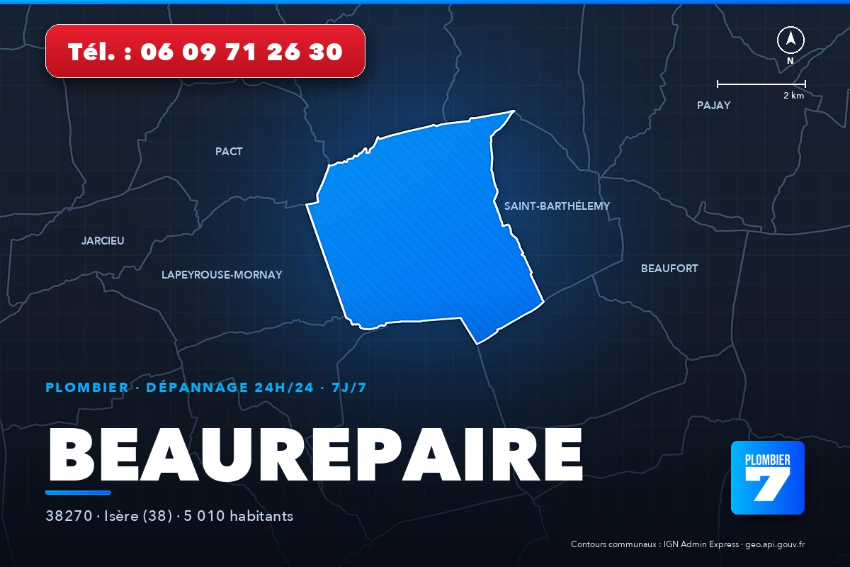 Plombier à Beaurepaire (38270) — zone d'intervention de Plombier 7, dépannage 24h/24 et 7j/7