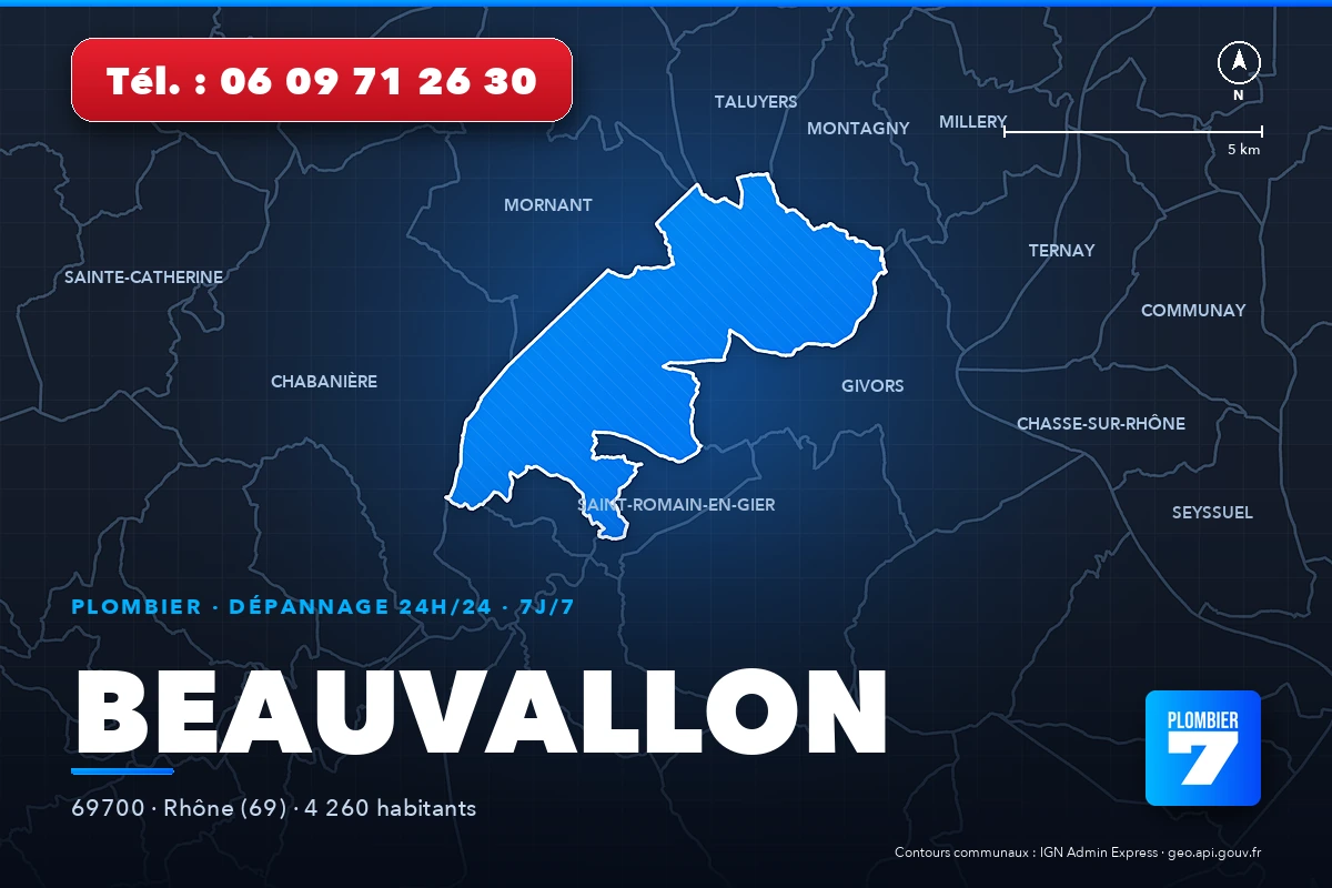 Plombier à Beauvallon (69700) — zone d'intervention de Plombier 7, dépannage 24h/24 et 7j/7