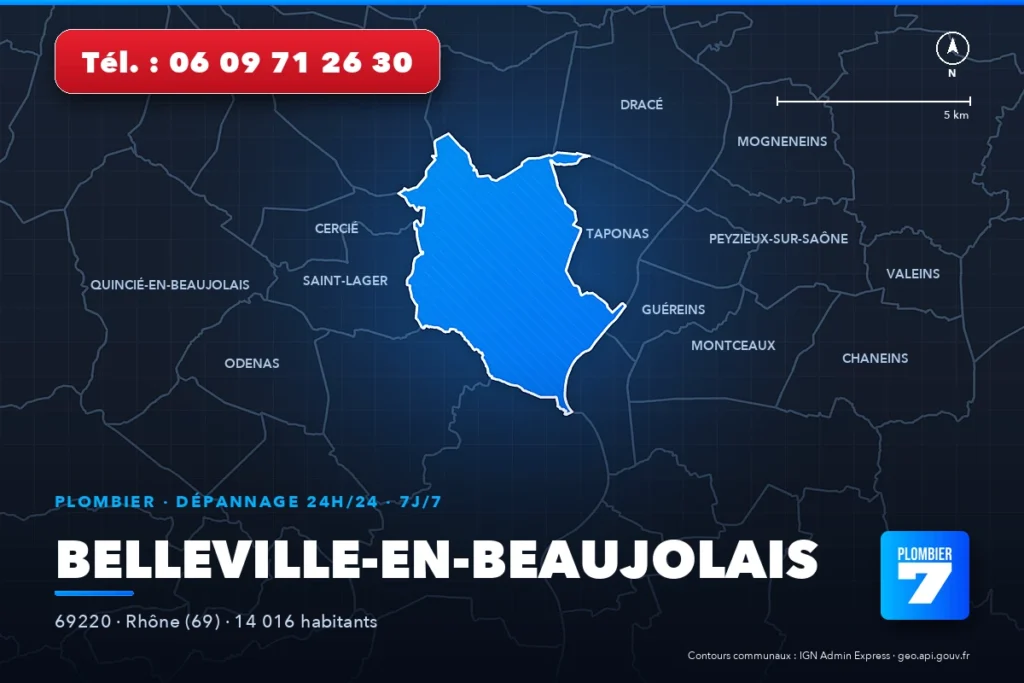 Plombier à Belleville-en-Beaujolais (69220) — zone d'intervention de Plombier 7, dépannage 24h/24 et 7j/7