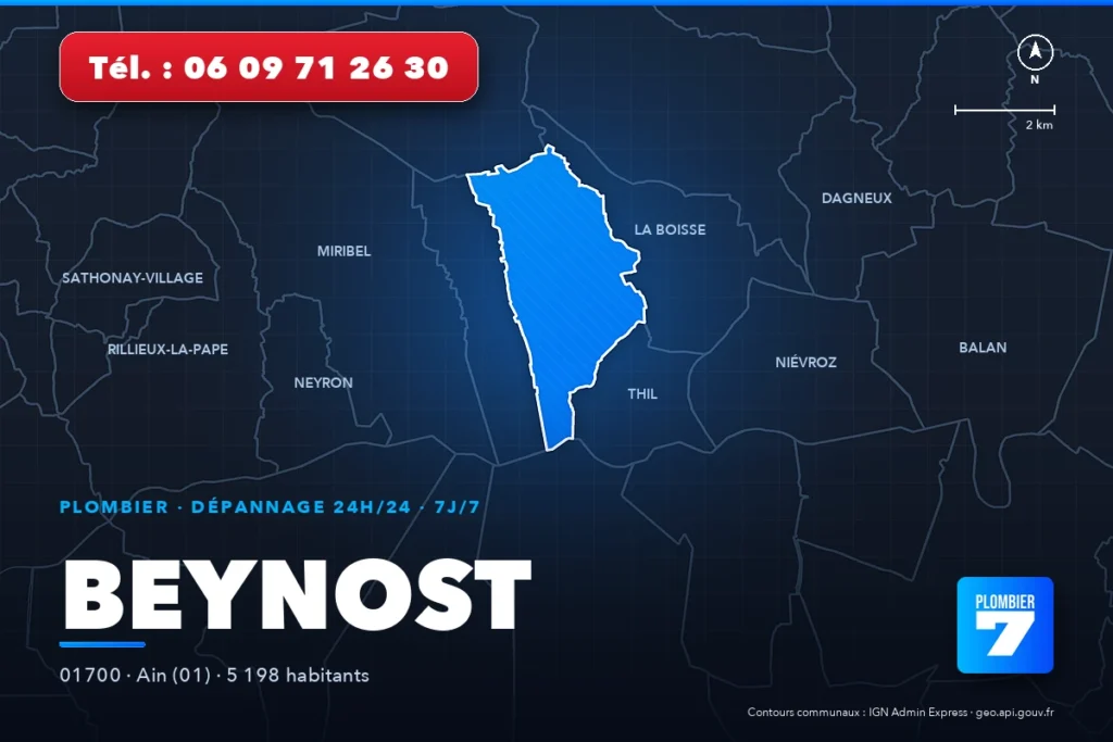 Plombier à Beynost (01700) — zone d'intervention de Plombier 7, dépannage 24h/24 et 7j/7