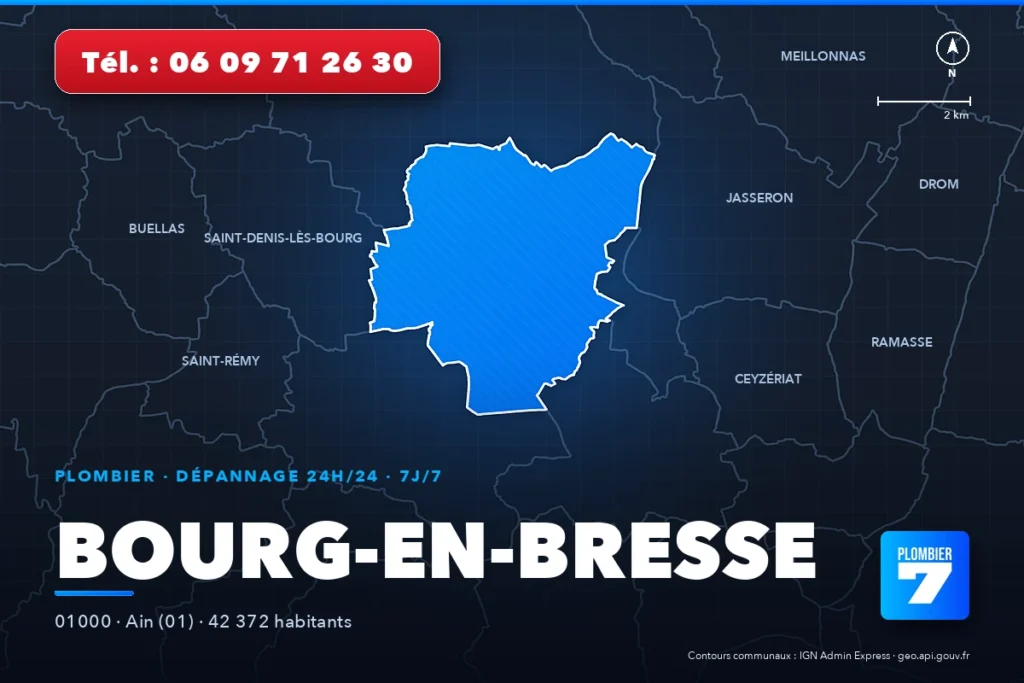 Plombier à Bourg-en-Bresse (01000) — zone d'intervention de Plombier 7, dépannage 24h/24 et 7j/7