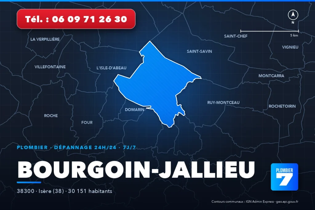 Plombier à Bourgoin-Jallieu (38300) — zone d'intervention de Plombier 7, dépannage 24h/24 et 7j/7
