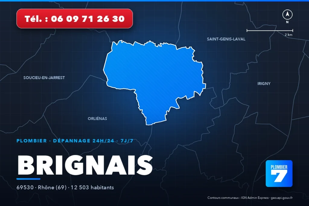 Plombier à Brignais (69530) — zone d'intervention de Plombier 7, dépannage 24h/24 et 7j/7