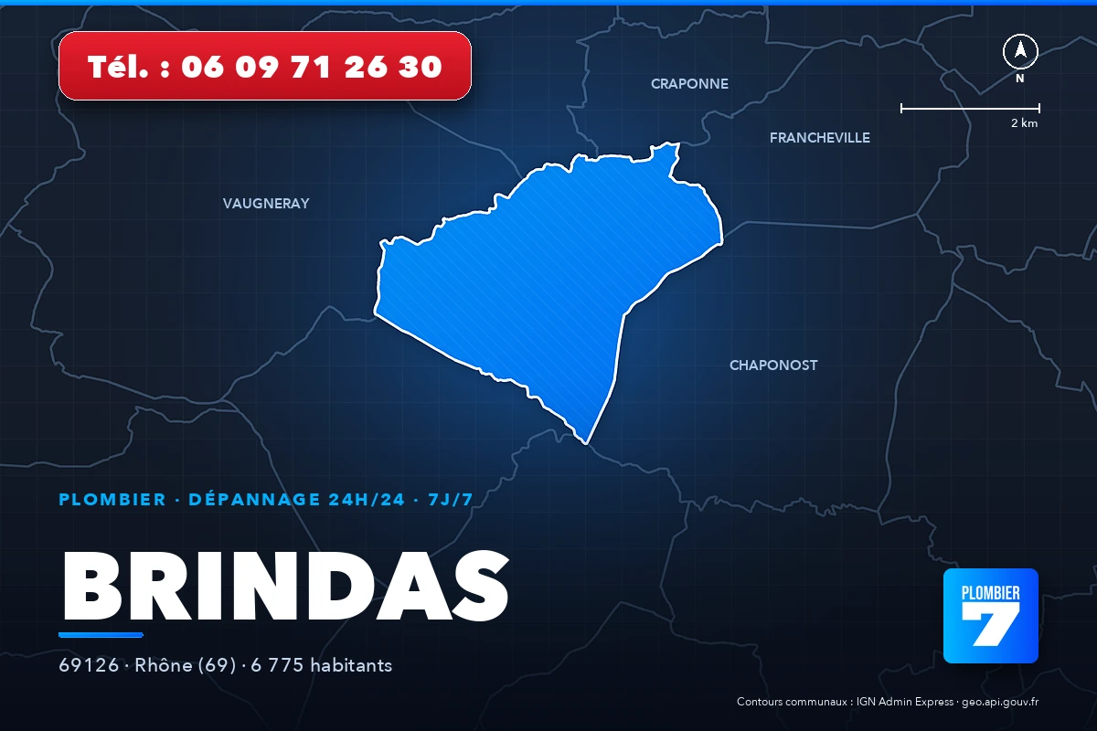 Plombier à Brindas (69126) — zone d'intervention de Plombier 7, dépannage 24h/24 et 7j/7