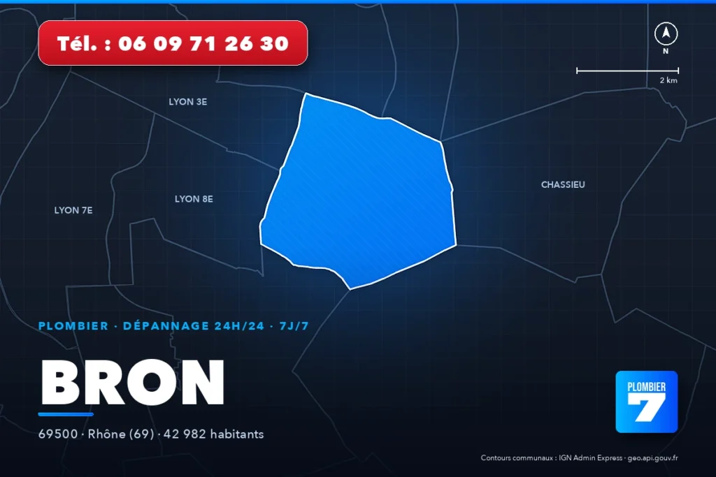 Plombier à Bron (69500) — zone d'intervention de Plombier 7, dépannage 24h/24 et 7j/7