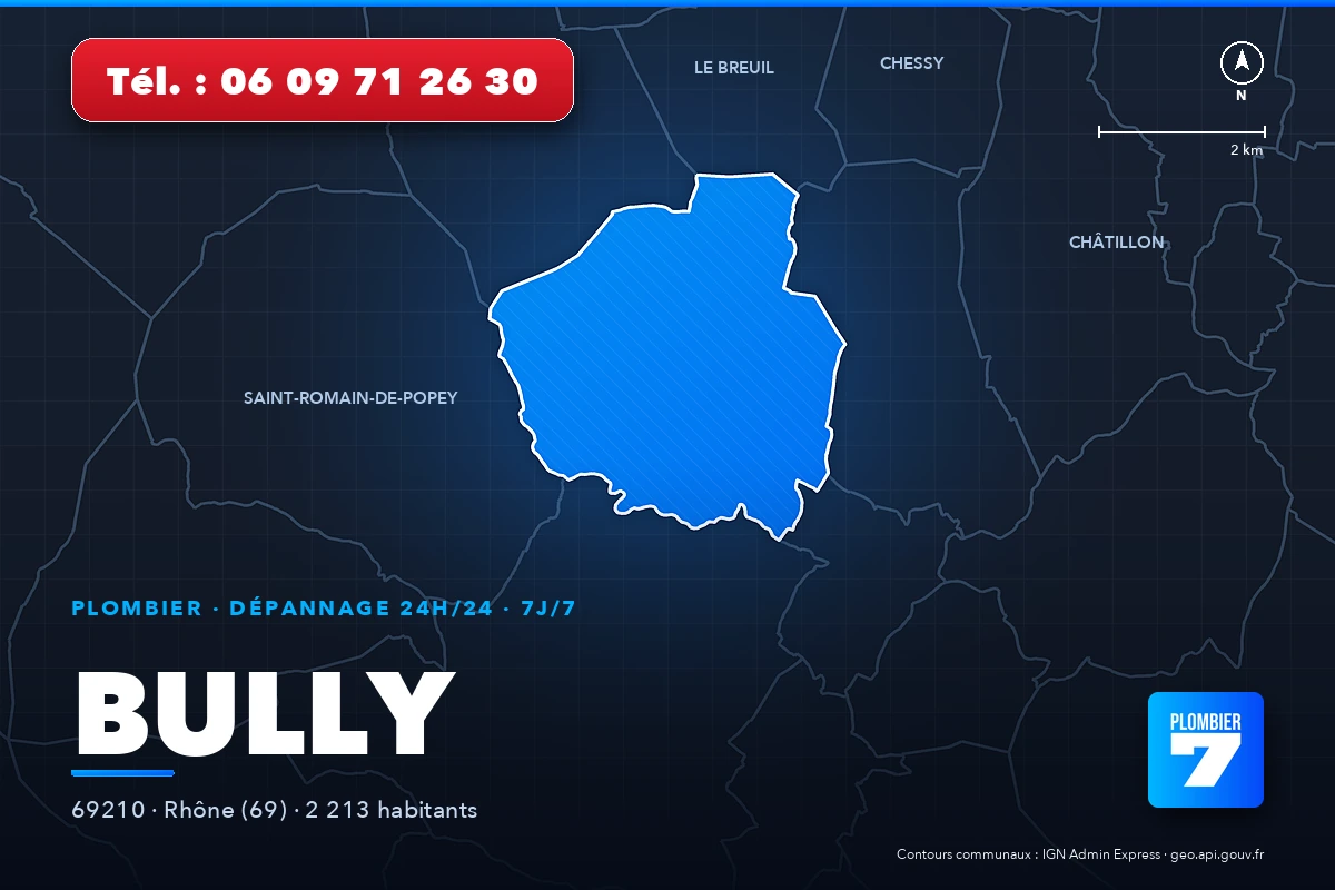 Plombier à Bully (69210) — zone d'intervention de Plombier 7, dépannage 24h/24 et 7j/7
