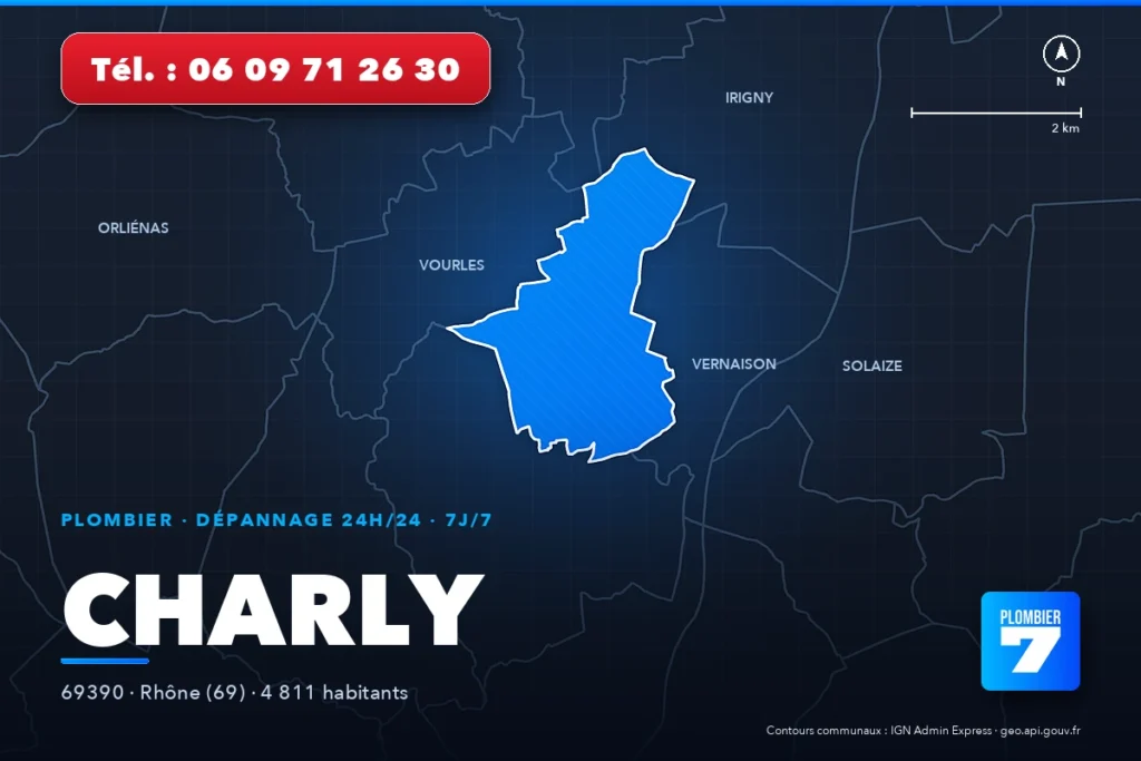 Plombier à Charly (69390) — zone d'intervention de Plombier 7, dépannage 24h/24 et 7j/7