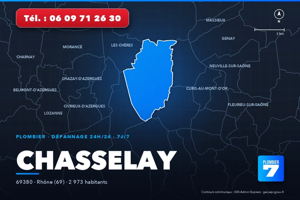 Plombier à Chasselay (69380) — zone d'intervention de Plombier 7, dépannage 24h/24 et 7j/7