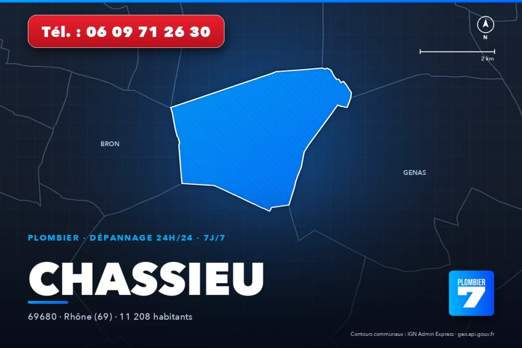 Plombier à Chassieu (69680) — zone d'intervention de Plombier 7, dépannage 24h/24 et 7j/7