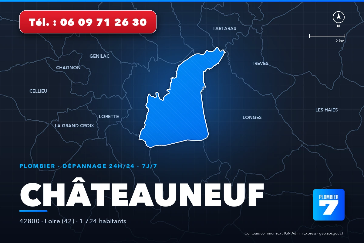 Plombier à Châteauneuf (42800) — zone d'intervention de Plombier 7, dépannage 24h/24 et 7j/7