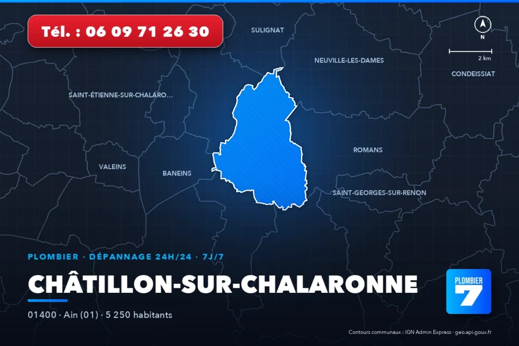 Plombier à Châtillon-sur-Chalaronne (01400) — zone d'intervention de Plombier 7, dépannage 24h/24 et 7j/7