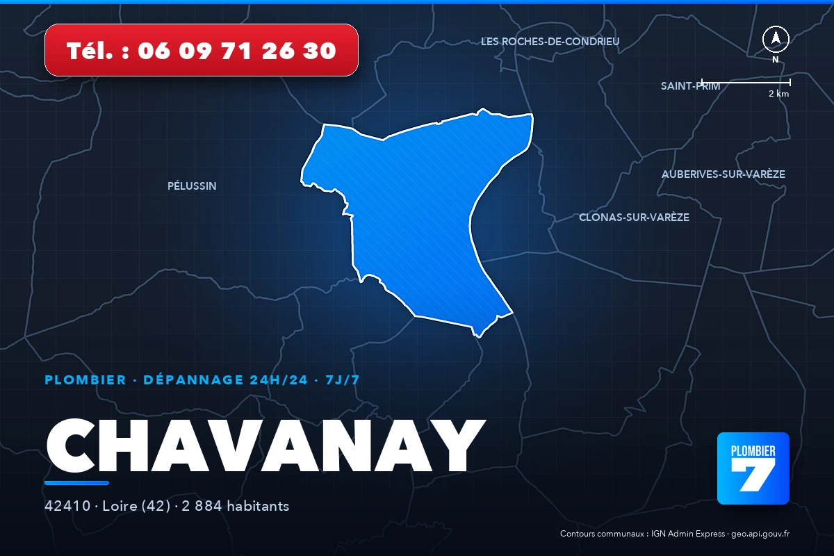Plombier à Chavanay (42410) — zone d'intervention de Plombier 7, dépannage 24h/24 et 7j/7