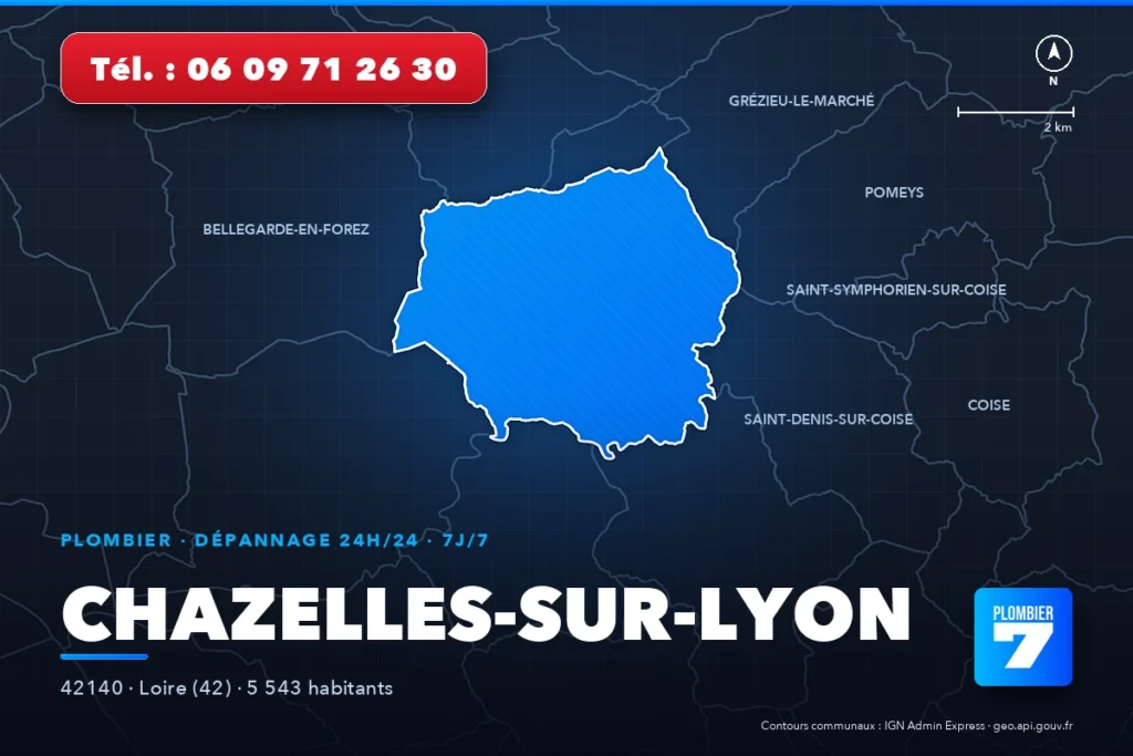 Plombier à Chazelles-sur-Lyon (42140) — zone d'intervention de Plombier 7, dépannage 24h/24 et 7j/7