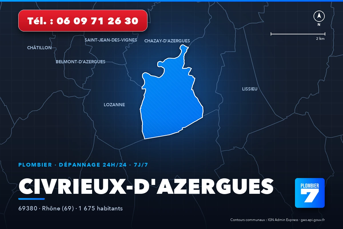 Plombier à Civrieux-d'Azergues (69380) — zone d'intervention de Plombier 7, dépannage 24h/24 et 7j/7