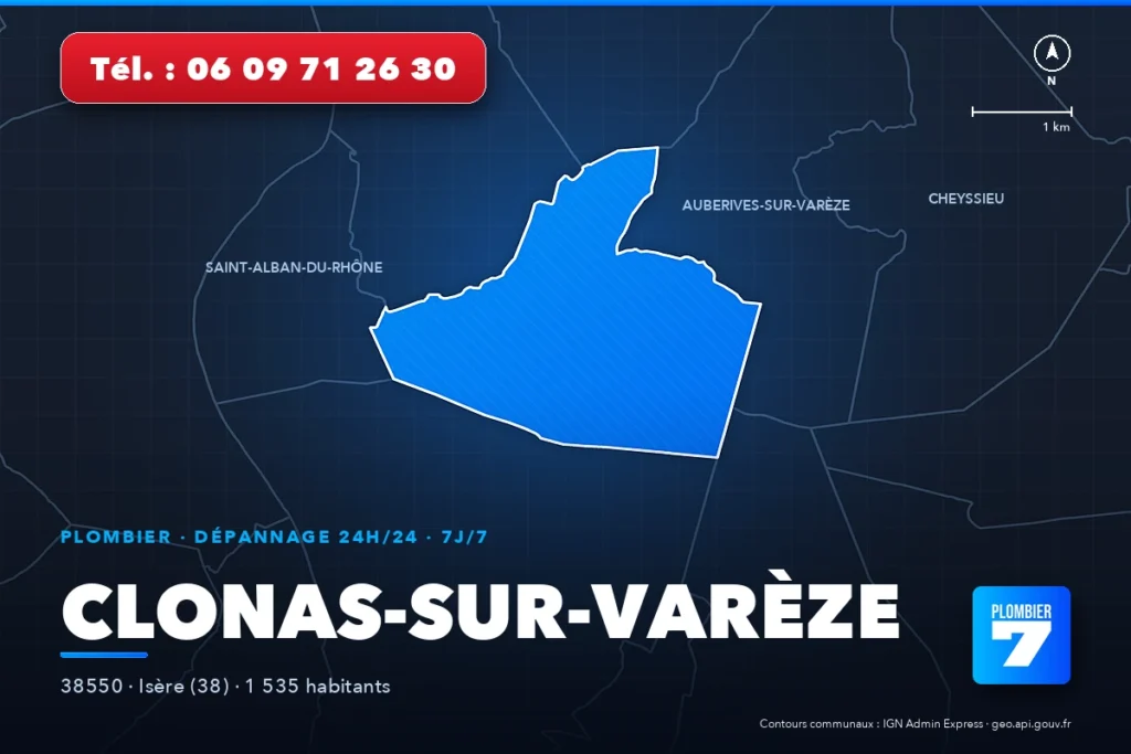 Plombier à Clonas-sur-Varèze (38550) — zone d'intervention de Plombier 7, dépannage 24h/24 et 7j/7