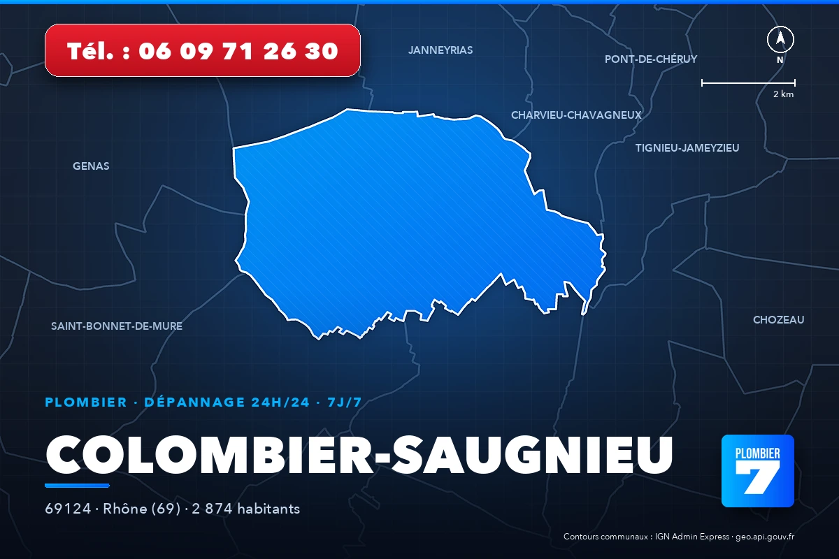 Plombier à Colombier-Saugnieu (69124) — zone d'intervention de Plombier 7, dépannage 24h/24 et 7j/7