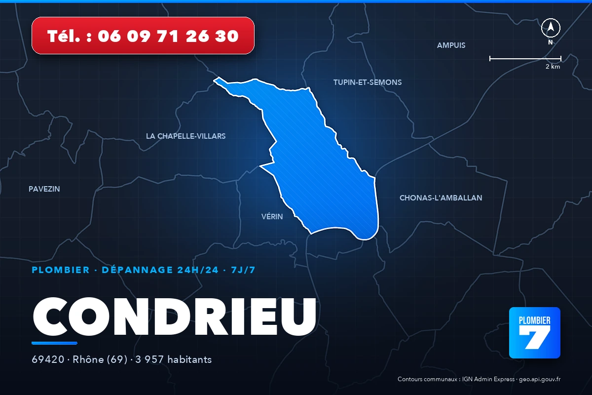 Plombier à Condrieu (69420) — zone d'intervention de Plombier 7, dépannage 24h/24 et 7j/7