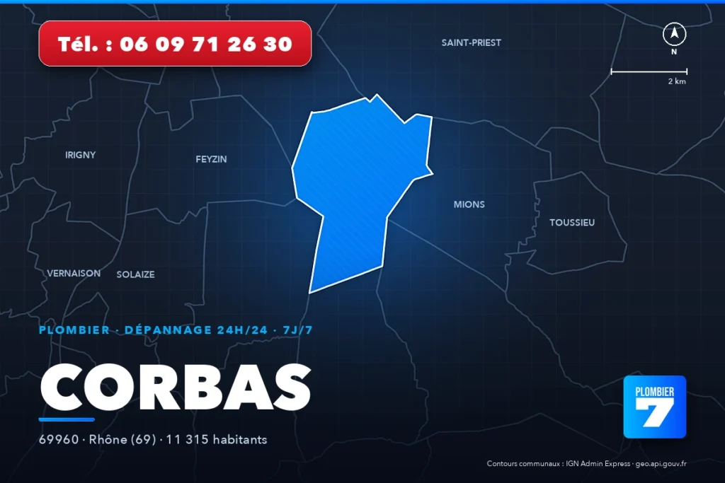 Plombier à Corbas (69960) — zone d'intervention de Plombier 7, dépannage 24h/24 et 7j/7