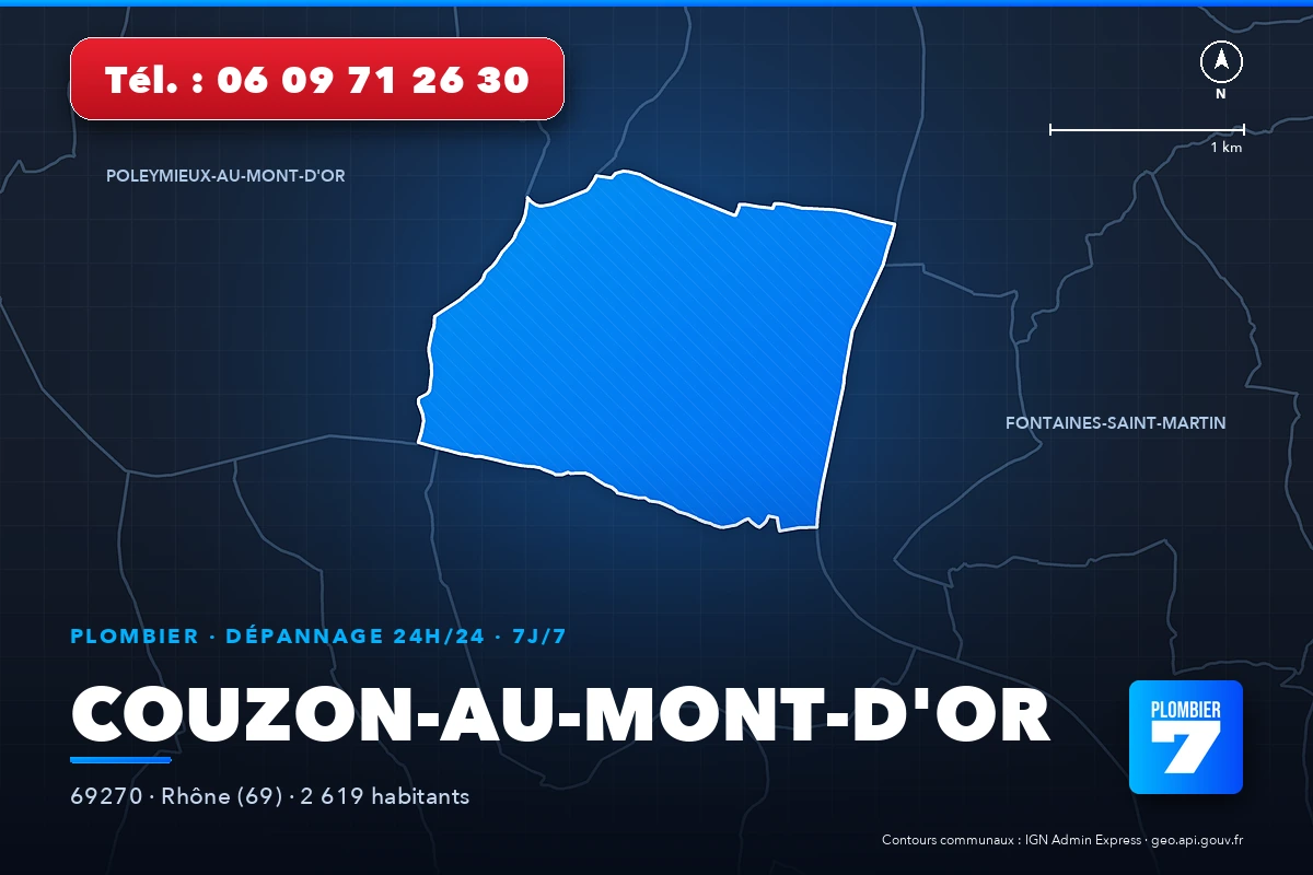 Plombier à Couzon-au-Mont-d'Or (69270) — zone d'intervention de Plombier 7, dépannage 24h/24 et 7j/7