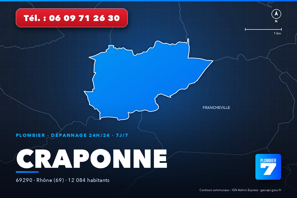 Plombier à Craponne (69290) — zone d'intervention de Plombier 7, dépannage 24h/24 et 7j/7