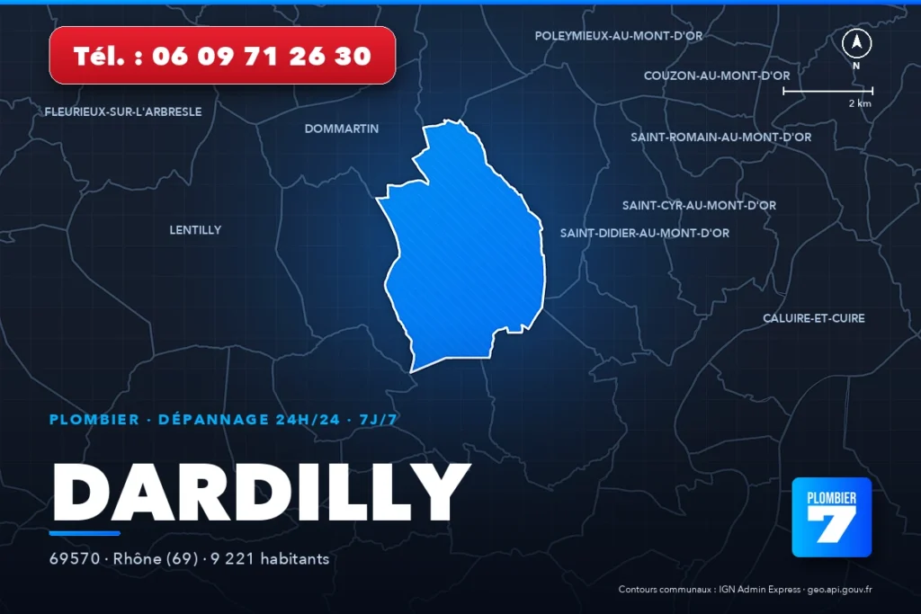 Plombier à Dardilly (69570) — zone d'intervention de Plombier 7, dépannage 24h/24 et 7j/7