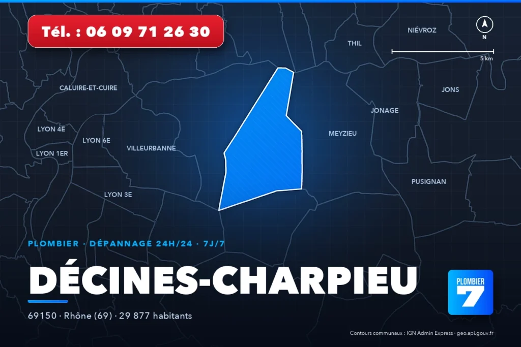 Plombier à Décines-Charpieu (69150) — zone d'intervention de Plombier 7, dépannage 24h/24 et 7j/7