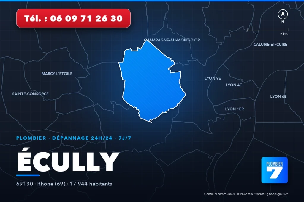 Plombier à Écully (69130) — zone d'intervention de Plombier 7, dépannage 24h/24 et 7j/7