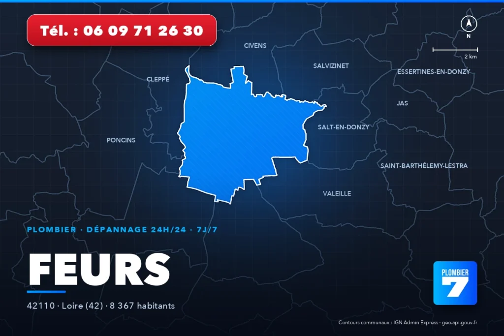 Plombier à Feurs (42110) — zone d'intervention de Plombier 7, dépannage 24h/24 et 7j/7