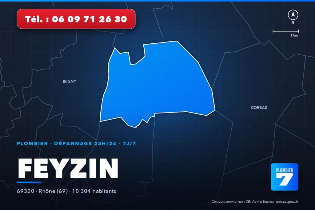 Plombier à Feyzin (69320) — zone d'intervention de Plombier 7, dépannage 24h/24 et 7j/7