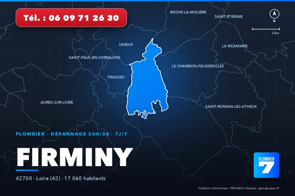 Plombier à Firminy (42700) — zone d'intervention de Plombier 7, dépannage 24h/24 et 7j/7