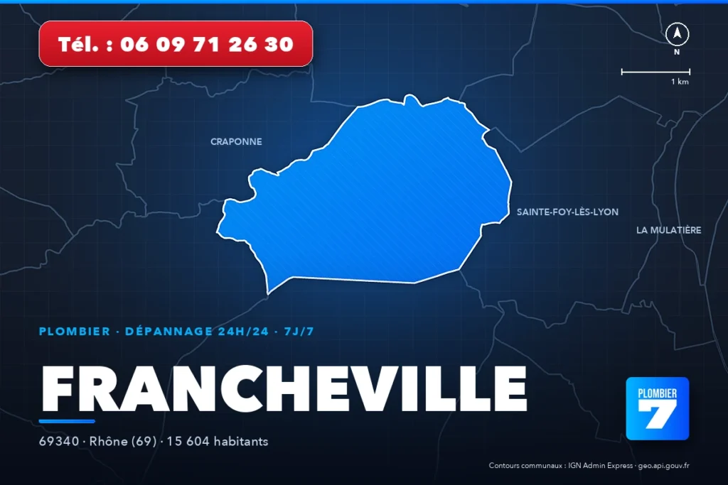 Plombier à Francheville (69340) — zone d'intervention de Plombier 7, dépannage 24h/24 et 7j/7