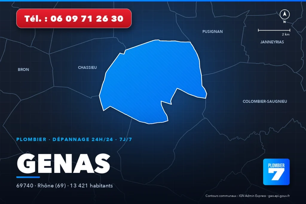 Plombier à Genas (69740) — zone d'intervention de Plombier 7, dépannage 24h/24 et 7j/7