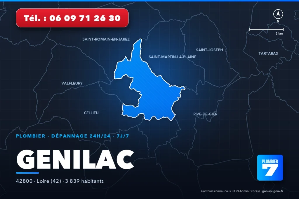 Plombier à Genilac (42800) — zone d'intervention de Plombier 7, dépannage 24h/24 et 7j/7
