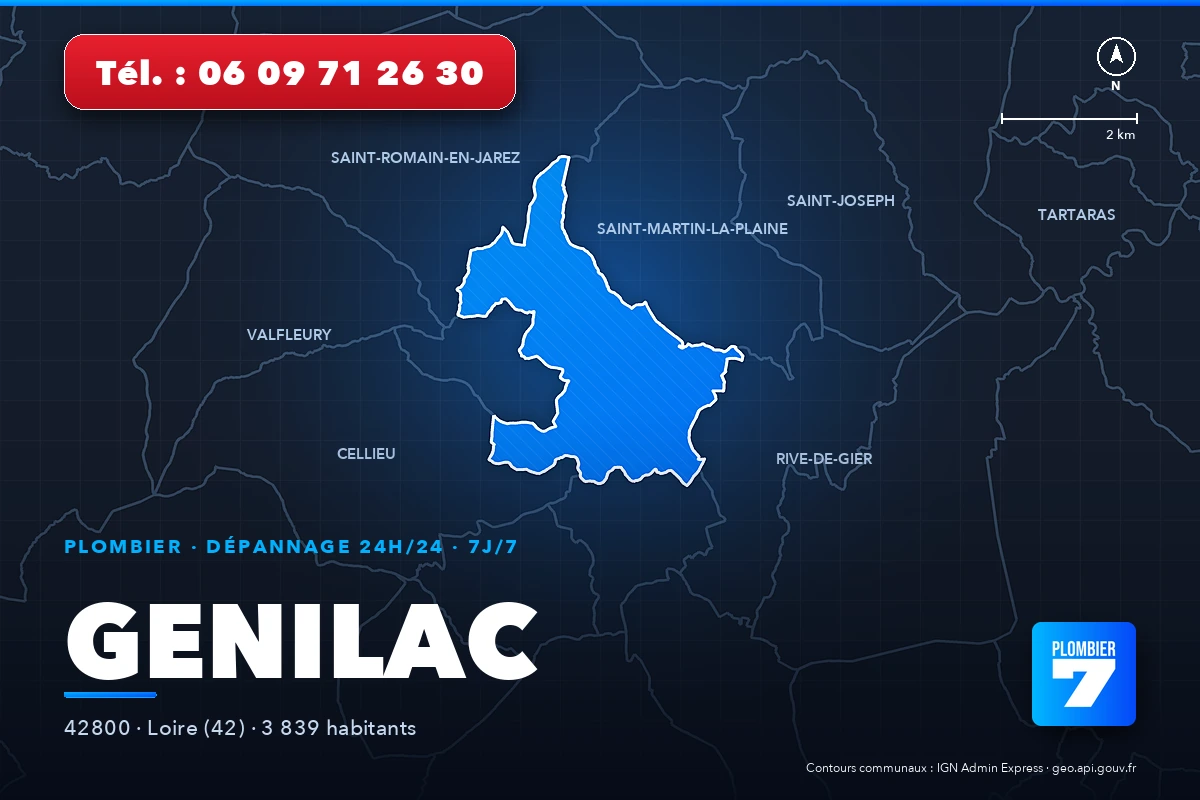 Plombier à Genilac (42800) — zone d'intervention de Plombier 7, dépannage 24h/24 et 7j/7
