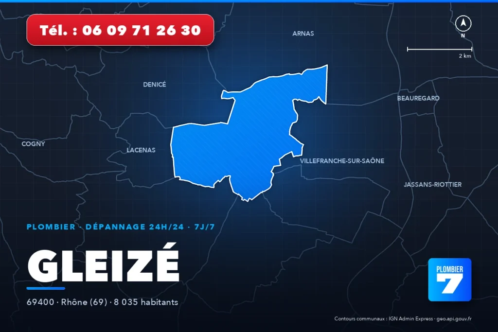 Plombier à Gleizé (69400) — zone d'intervention de Plombier 7, dépannage 24h/24 et 7j/7