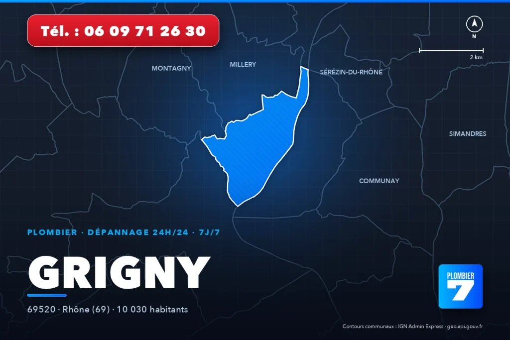 Plombier à Grigny (69520) — zone d'intervention de Plombier 7, dépannage 24h/24 et 7j/7