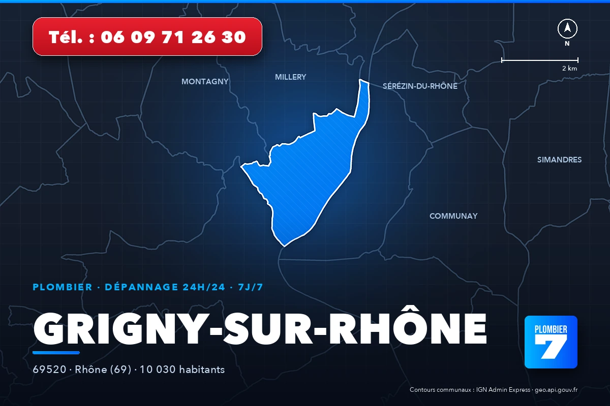 Plombier à Grigny-sur-Rhône (69520) — zone d'intervention de Plombier 7, dépannage 24h/24 et 7j/7