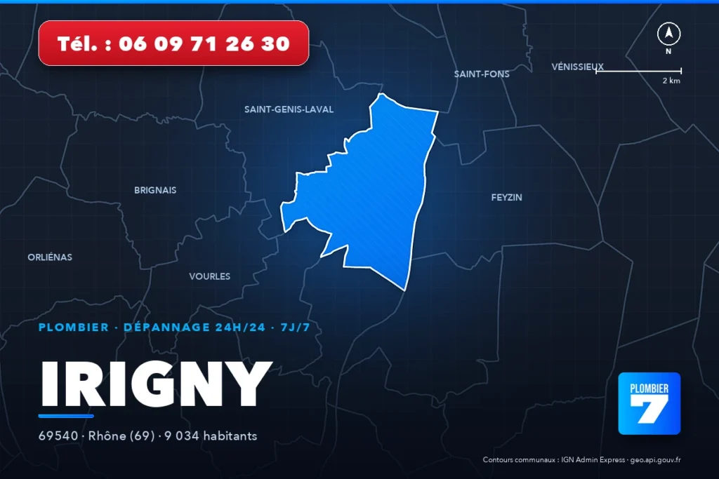 Plombier à Irigny (69540) — zone d'intervention de Plombier 7, dépannage 24h/24 et 7j/7