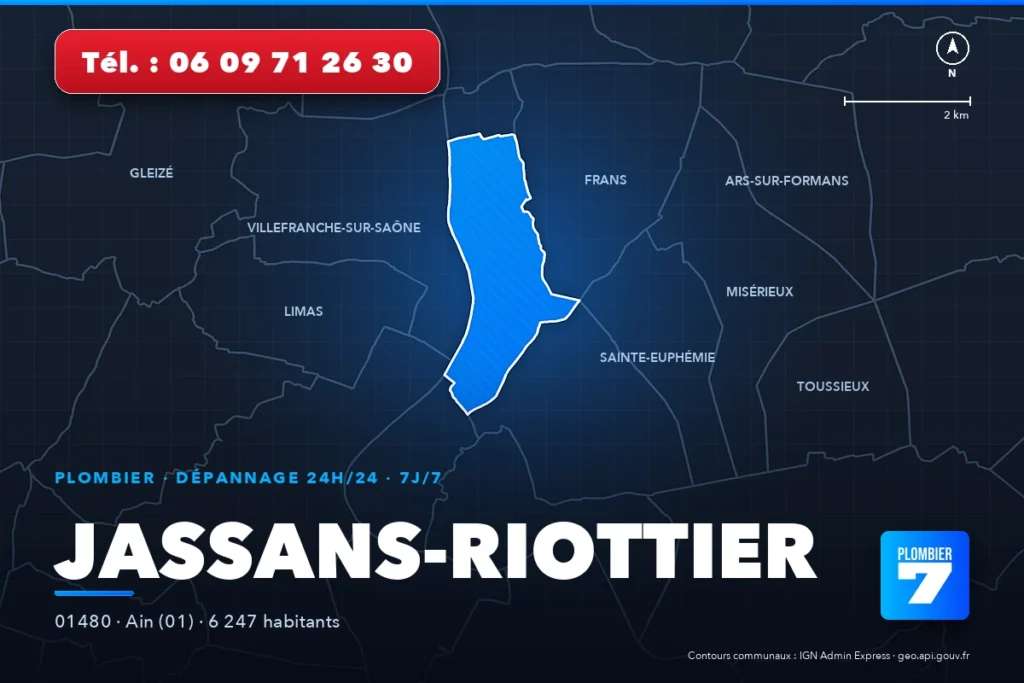 Plombier à Jassans-Riottier (01480) — zone d'intervention de Plombier 7, dépannage 24h/24 et 7j/7