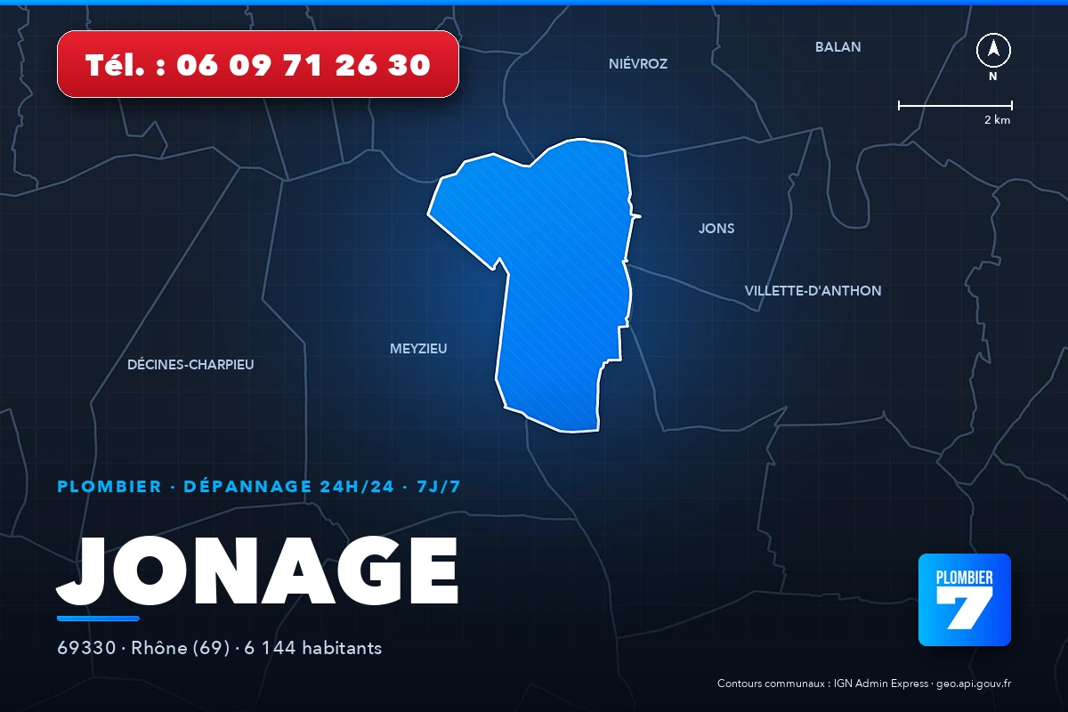 Plombier à Jonage (69330) — zone d'intervention de Plombier 7, dépannage 24h/24 et 7j/7